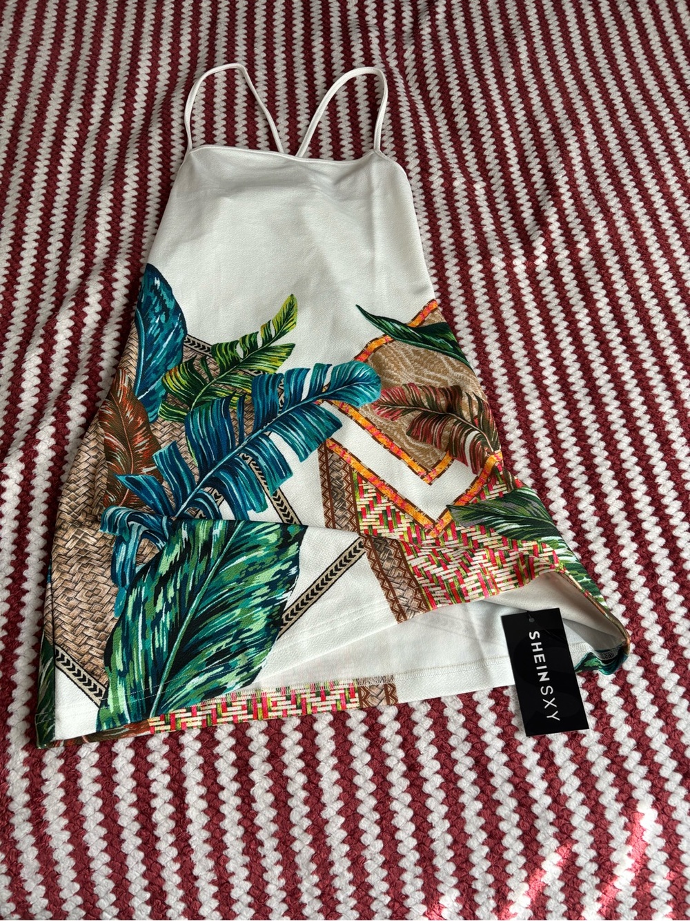 SHEIN White Tropical Print Midi Dress with Green Blue Leaves
